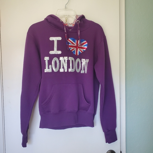 Tops - I Love London Hooded Sweatshirt sequined heart Purple ♥️ Size Large